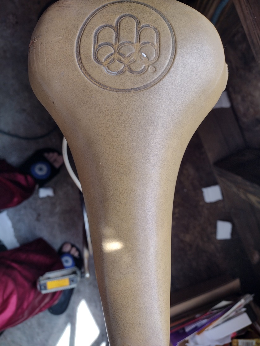 tan leather bike seat with olympic logo